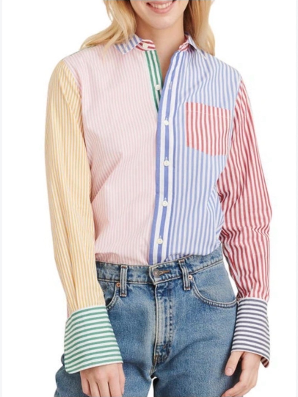 Alex Mill Wyatt Shirt Multicolor Striped Patchwork Button Front Cotton Large